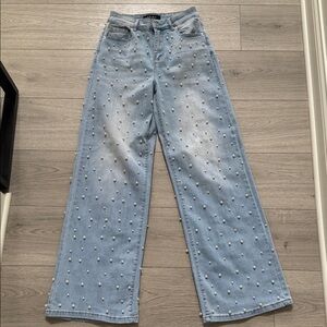 AKIRA Light Blue Pearl Studded Flare Jeans